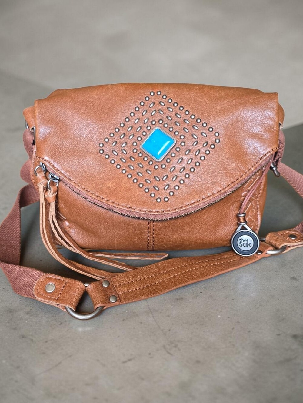 The Sak Silver Lake Turquoise Jeweled Studded  Leather Crossbody Bag Bohemian